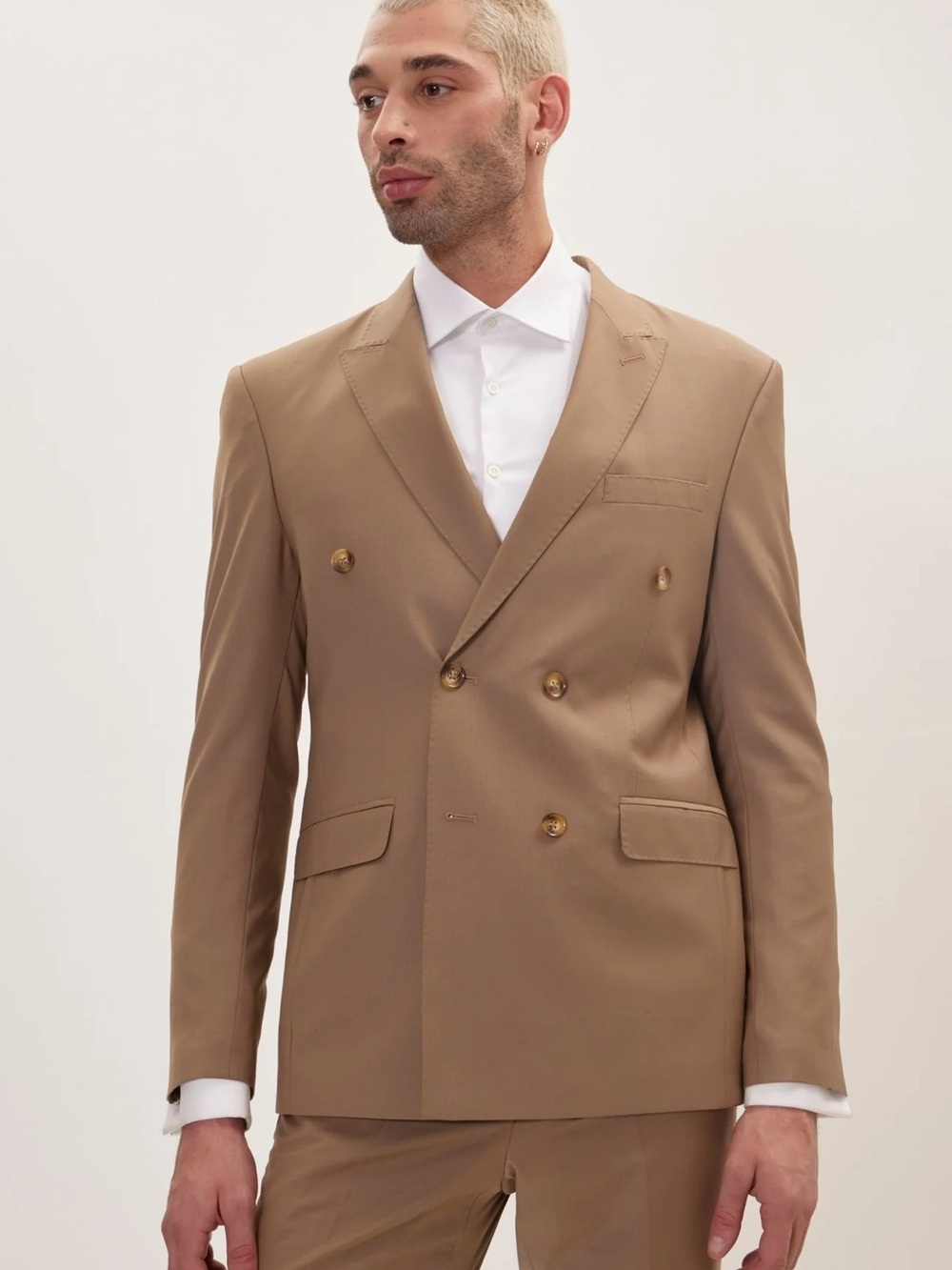 Ron Tomson Double-Breasted Camel Brown Suit Blazer